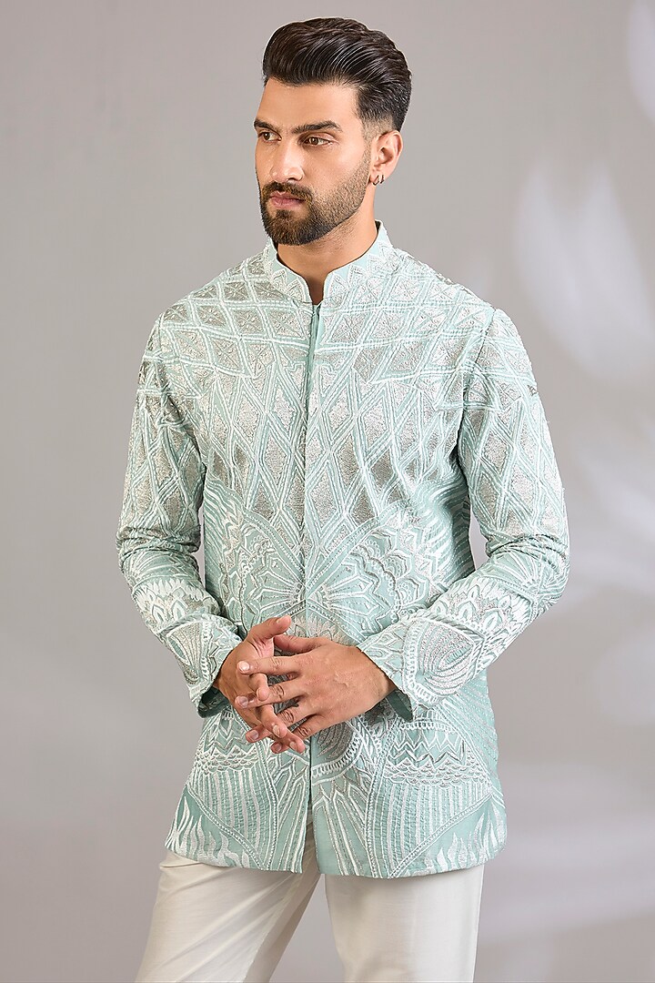 Mint Georgette Chikankari Embroidered Front-Open Short Kurta by SHASHA GABA MEN at Pernia's Pop Up Shop