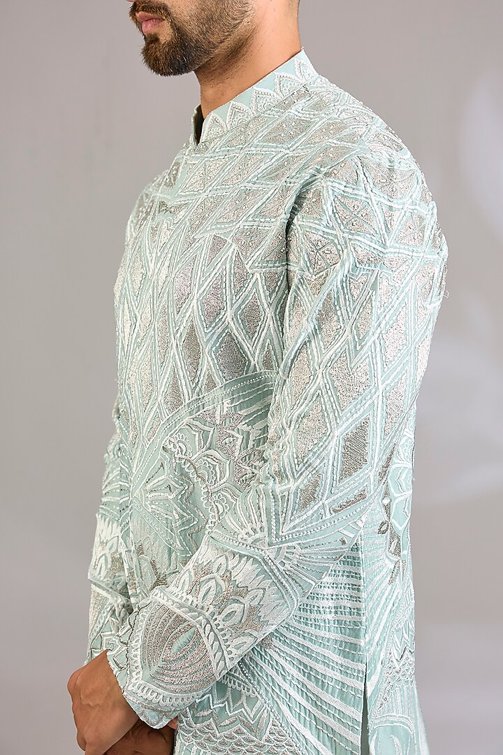 Mint Georgette Chikankari Embroidered Front-Open Short Kurta by SHASHA GABA MEN at Pernia's Pop Up Shop
