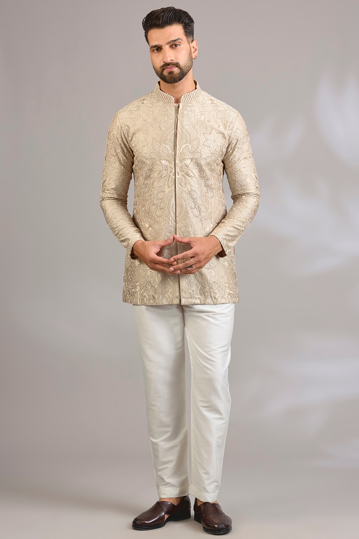 SHASHA GABA Beige Georgette Chikankari Embroidered Front-Open Short Kurta
