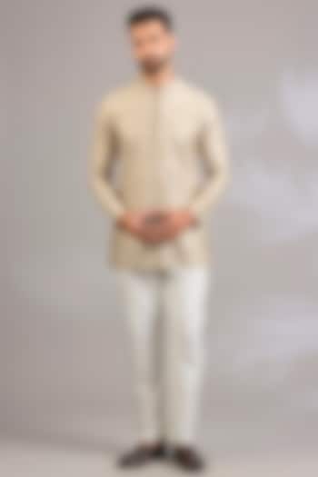 Beige Georgette Chikankari Embroidered Front-Open Short Kurta by SHASHA GABA MEN at Pernia's Pop Up Shop