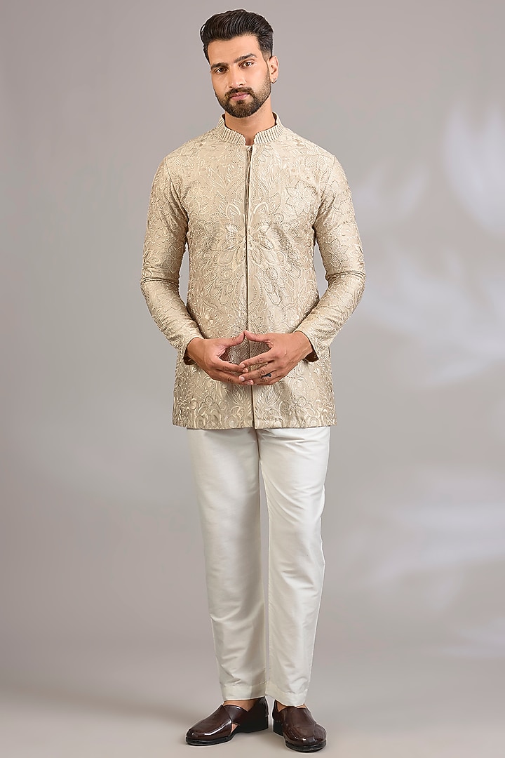 Beige Georgette Chikankari Embroidered Front-Open Short Kurta by SHASHA GABA MEN at Pernia's Pop Up Shop