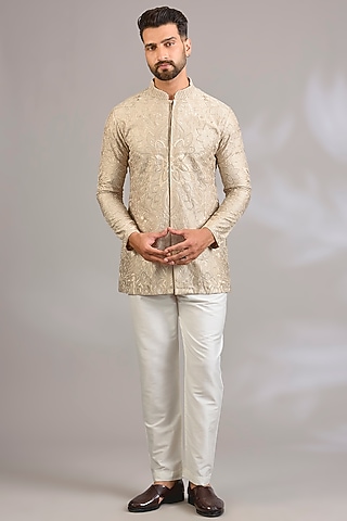 Beige Georgette Chikankari Embroidered Front-Open Short Kurta by SHASHA GABA MEN