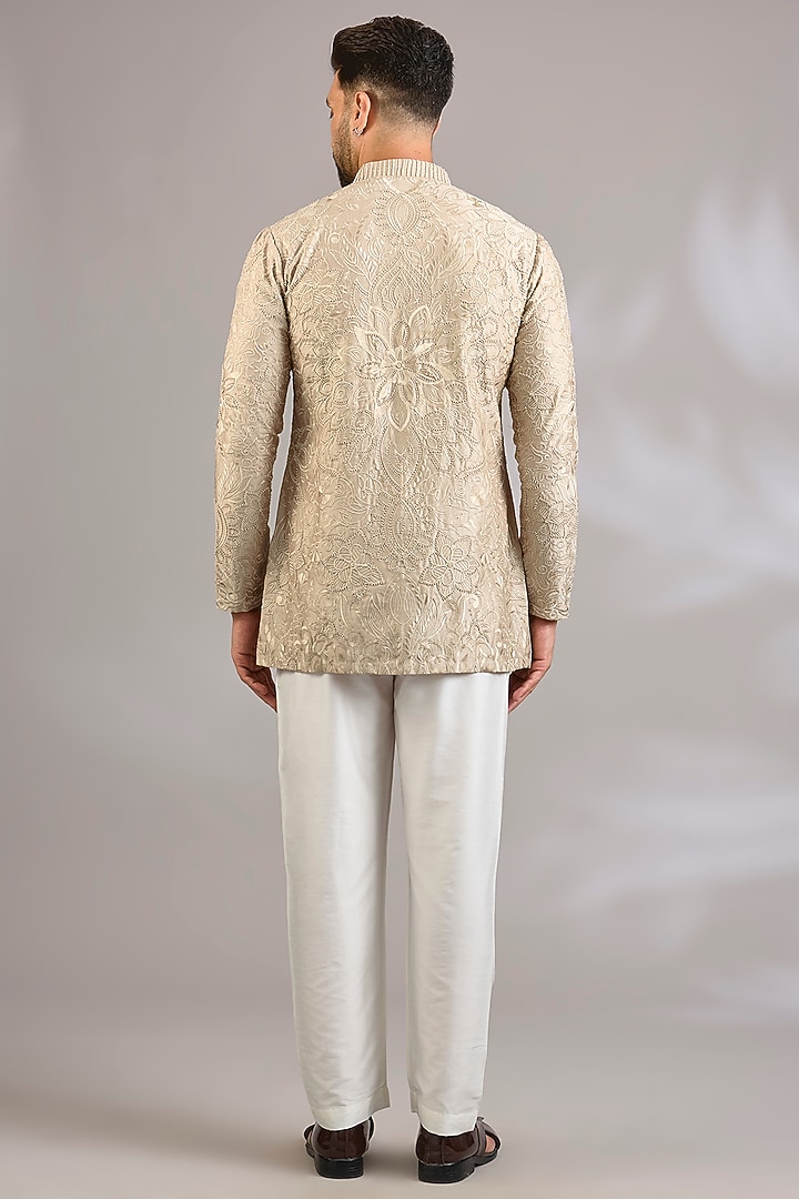 Beige Georgette Chikankari Embroidered Front-Open Short Kurta by SHASHA GABA MEN at Pernia's Pop Up Shop