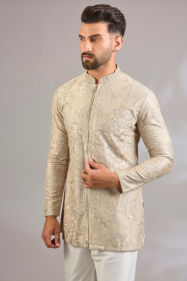 Beige Georgette Chikankari Embroidered Front-Open Short Kurta by SHASHA GABA MEN at Pernia's Pop Up Shop