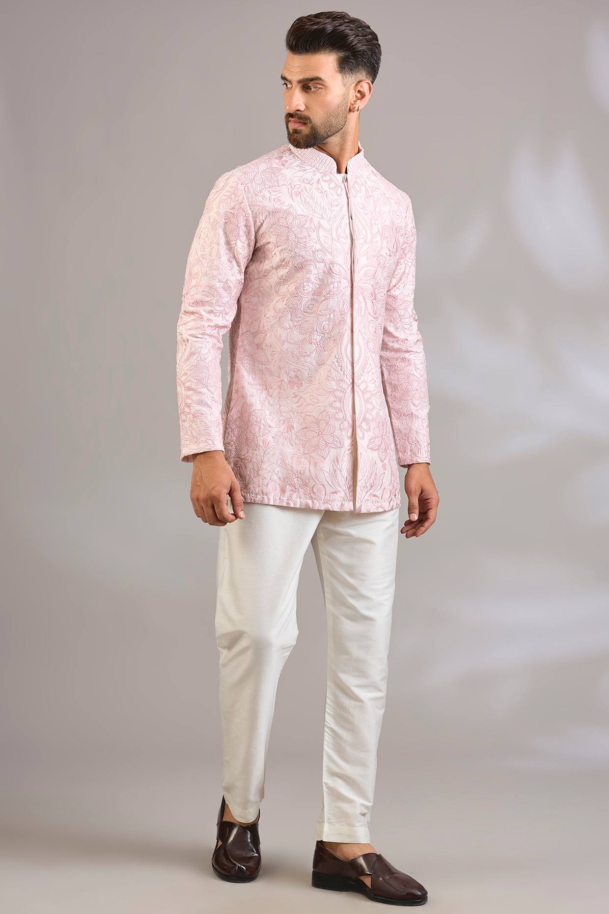 SHASHA GABA Rose Georgette Chikankari Embroidered Front-Open Short Kurta