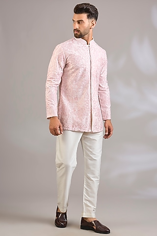 Rose Georgette Chikankari Embroidered Front-Open Short Kurta by SHASHA GABA MEN