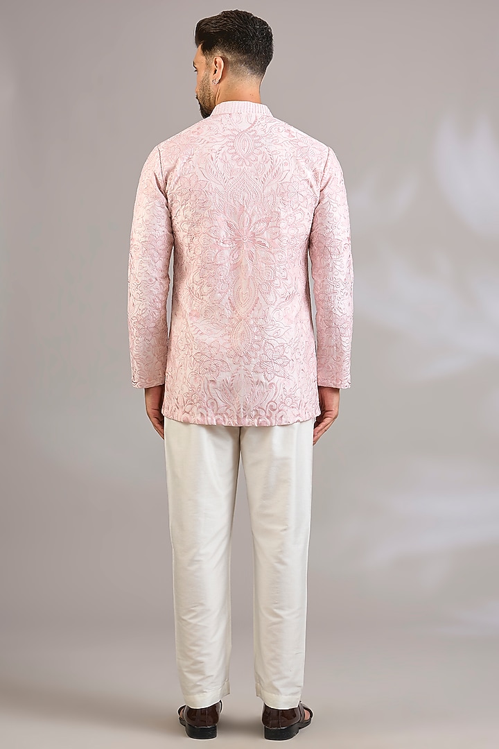 Rose Georgette Chikankari Embroidered Front-Open Short Kurta by SHASHA GABA MEN at Pernia's Pop Up Shop