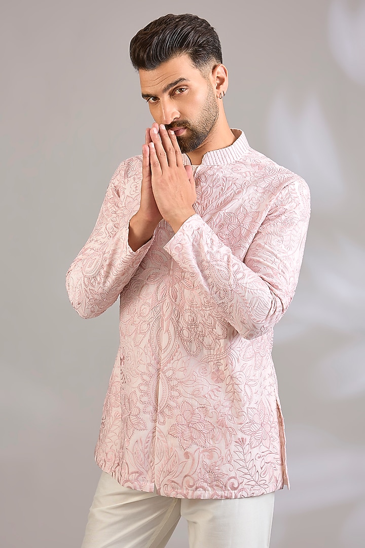Rose Georgette Chikankari Embroidered Front-Open Short Kurta by SHASHA GABA MEN at Pernia's Pop Up Shop