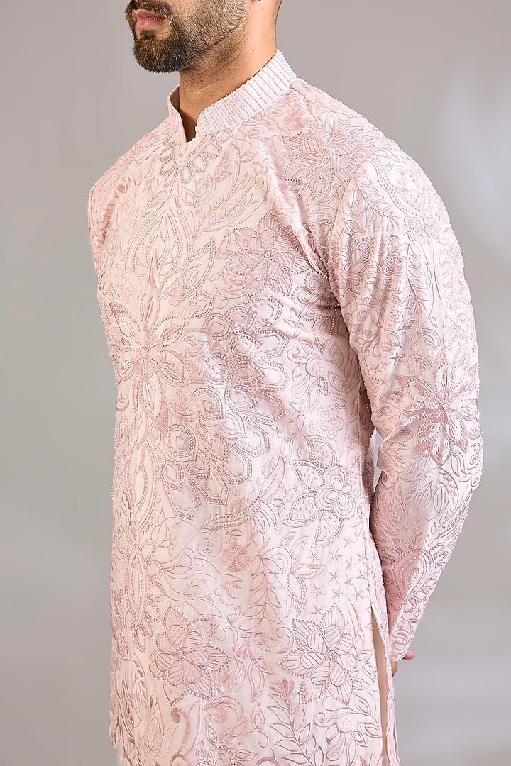 Rose Georgette Chikankari Embroidered Front-Open Short Kurta by SHASHA GABA MEN at Pernia's Pop Up Shop
