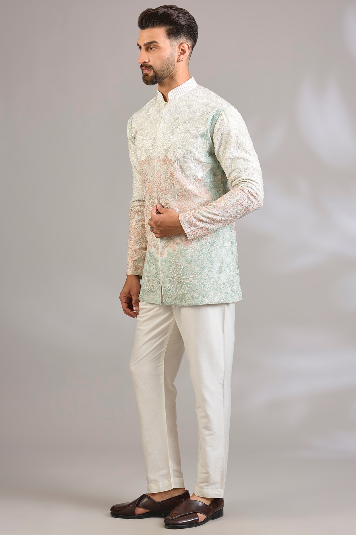 SHASHA GABA Ivory Georgette Chikankari Embroidered Front-Open Short Kurta