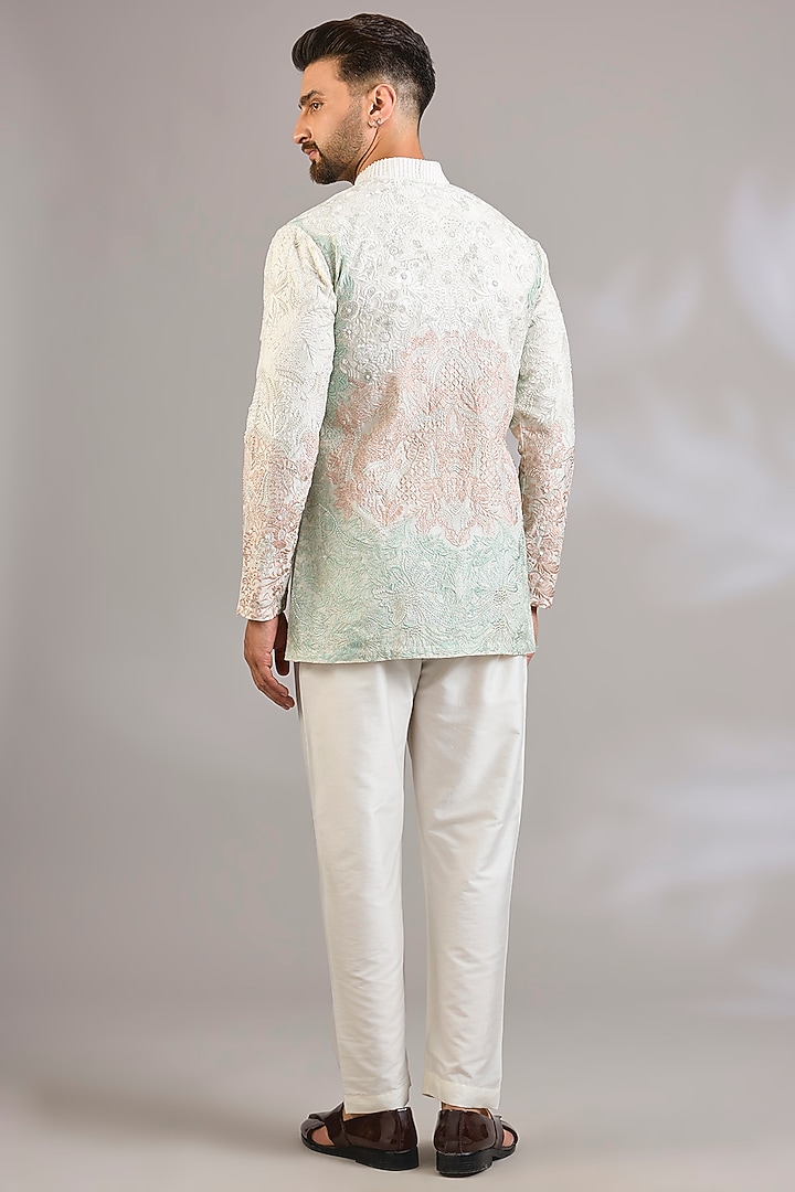 Ivory Georgette Chikankari Embroidered Front-Open Short Kurta by SHASHA GABA MEN at Pernia's Pop Up Shop