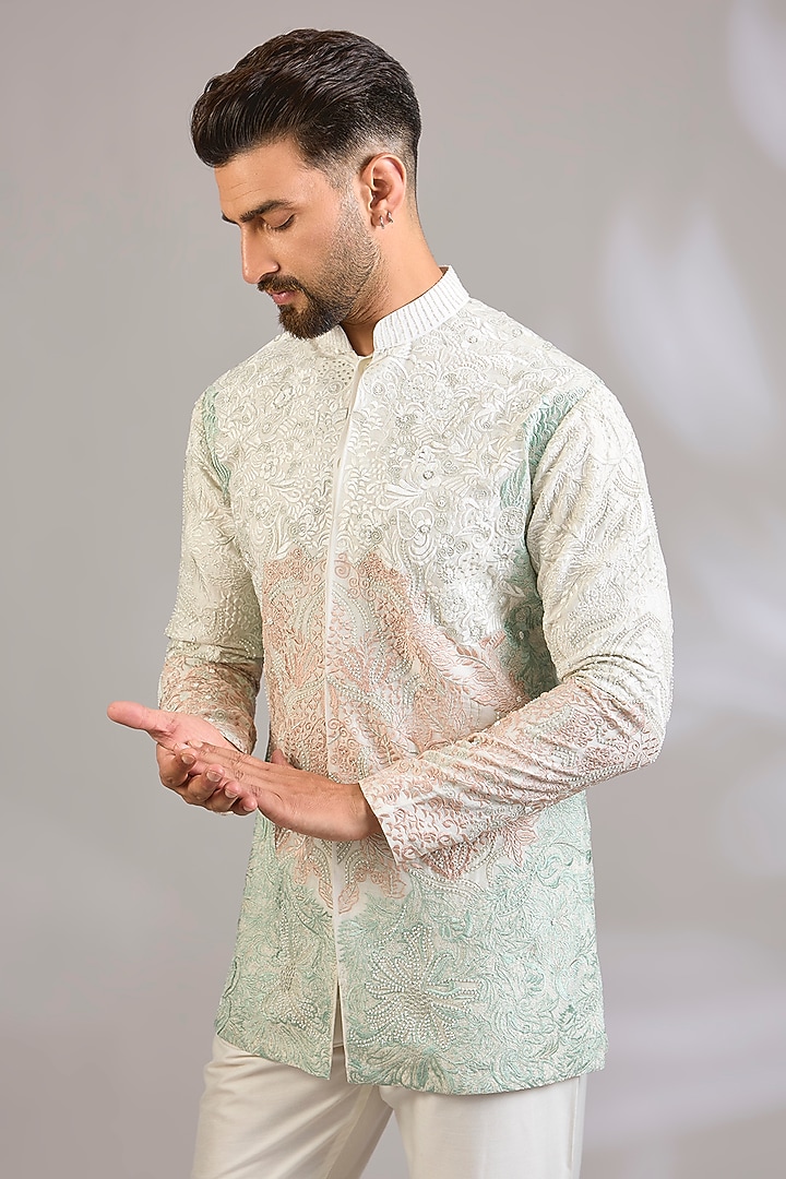 Ivory Georgette Chikankari Embroidered Front-Open Short Kurta by SHASHA GABA MEN at Pernia's Pop Up Shop
