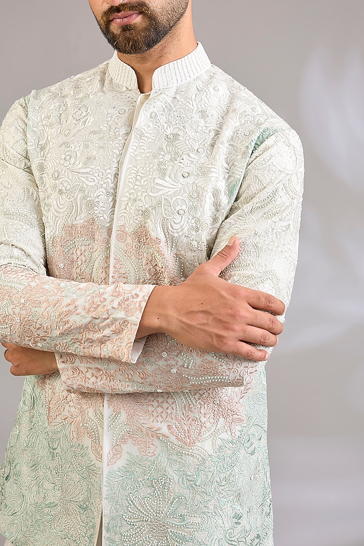 Ivory Georgette Chikankari Embroidered Front-Open Short Kurta by SHASHA GABA MEN at Pernia's Pop Up Shop