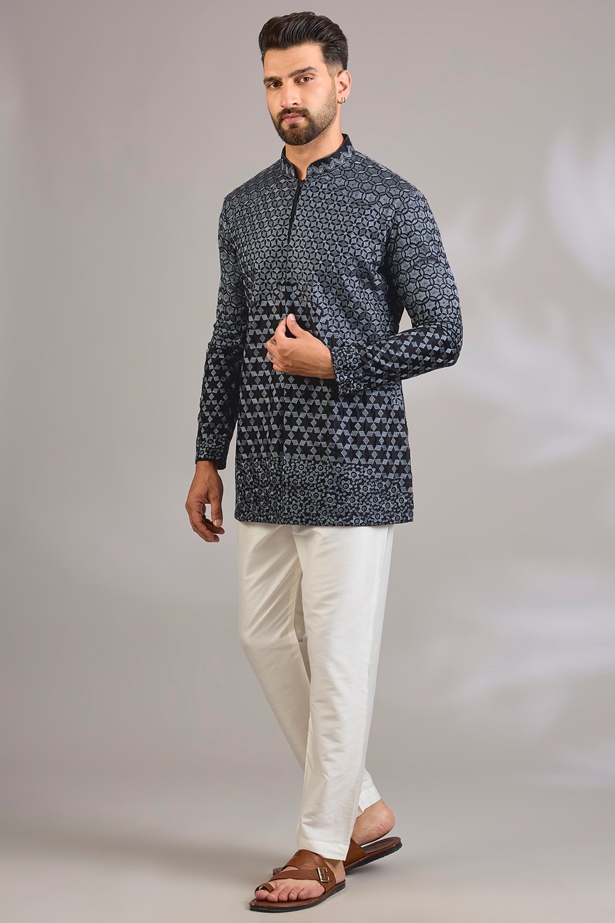 SHASHA GABA Black Silk Chanderi Printed & Embroidered Kurta