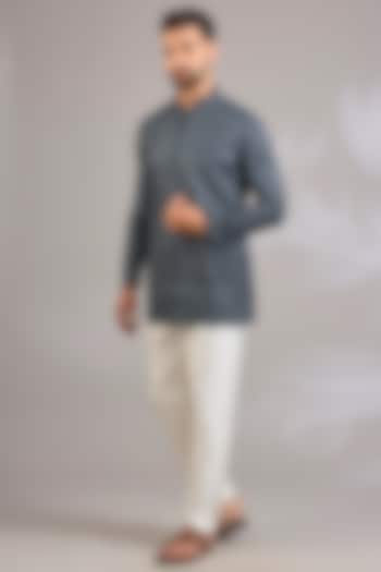 Black Silk Chanderi Printed & Embroidered Kurta by SHASHA GABA MEN at Pernia's Pop Up Shop