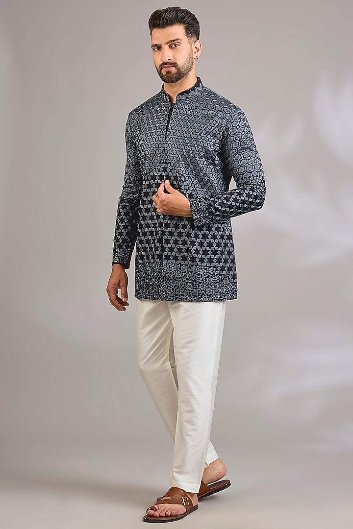 Black Silk Chanderi Printed & Embroidered Kurta by SHASHA GABA MEN at Pernia's Pop Up Shop