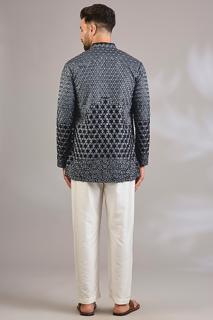 Black Silk Chanderi Printed & Embroidered Kurta by SHASHA GABA MEN at Pernia's Pop Up Shop