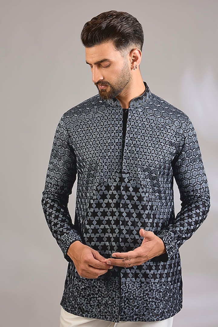 Black Silk Chanderi Printed & Embroidered Kurta by SHASHA GABA MEN at Pernia's Pop Up Shop