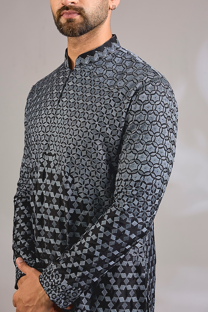 Black Silk Chanderi Printed & Embroidered Kurta by SHASHA GABA MEN at Pernia's Pop Up Shop