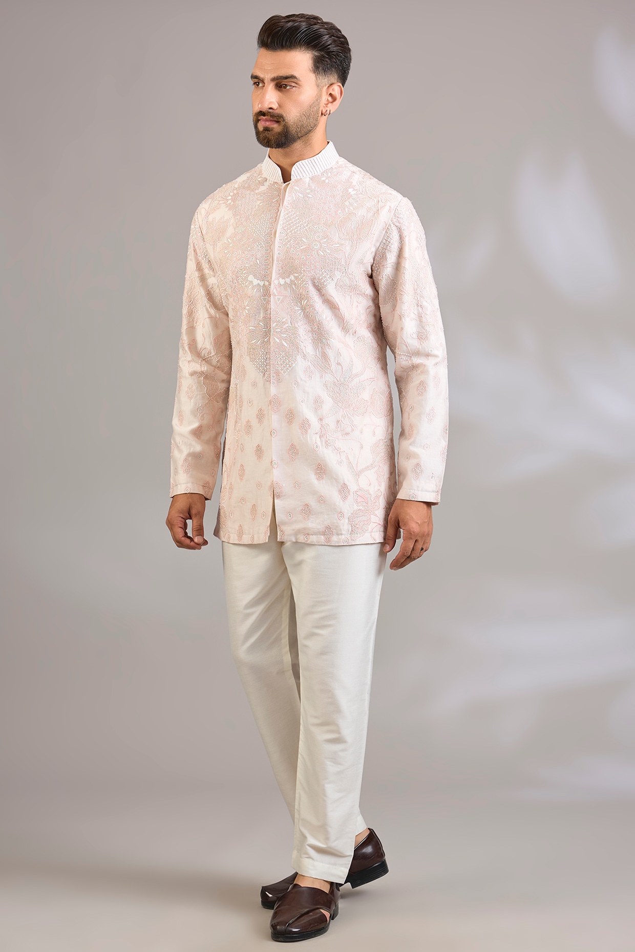 SHASHA GABA Rose-Colored Silk Chanderi Printed & Embroidered Kurta