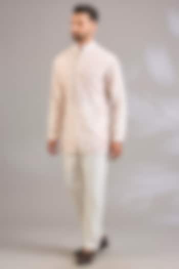 Rose-Colored Silk Chanderi Printed & Embroidered Kurta by SHASHA GABA MEN at Pernia's Pop Up Shop