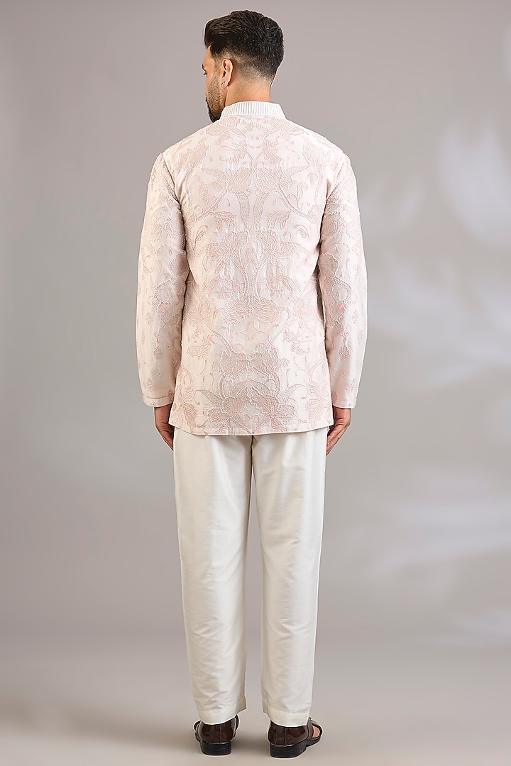 Rose-Colored Silk Chanderi Printed & Embroidered Kurta by SHASHA GABA MEN at Pernia's Pop Up Shop