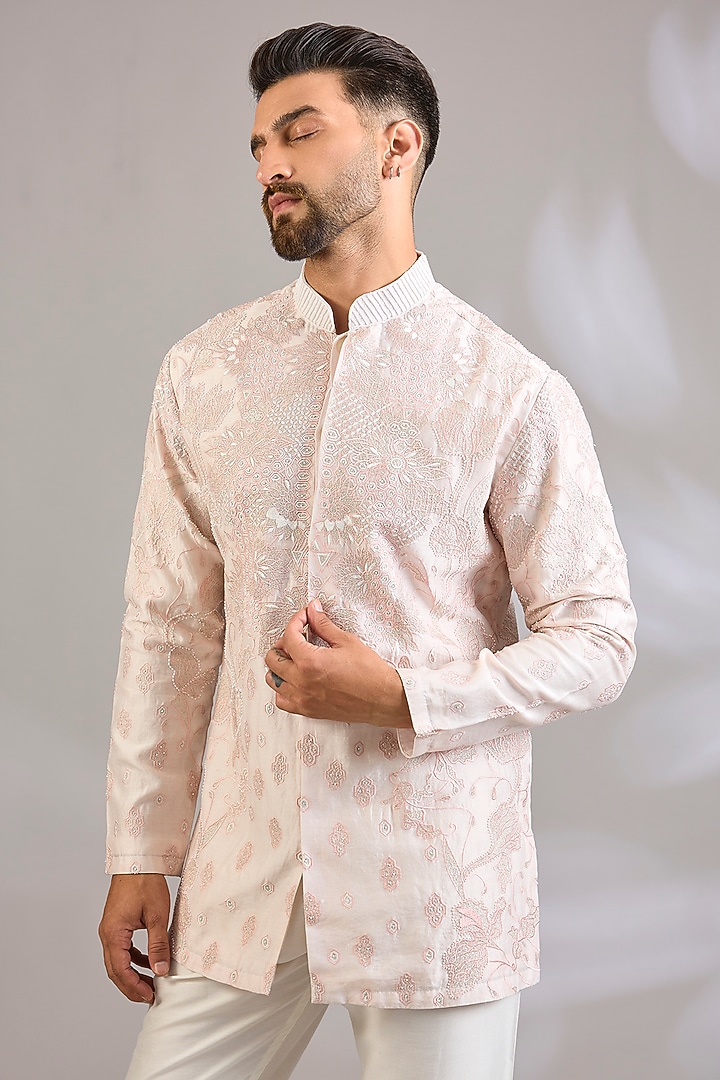 Rose-Colored Silk Chanderi Printed & Embroidered Kurta by SHASHA GABA MEN at Pernia's Pop Up Shop