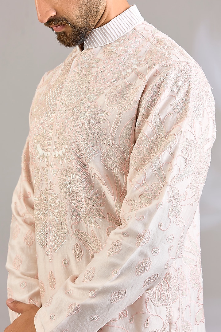 Rose-Colored Silk Chanderi Printed & Embroidered Kurta by SHASHA GABA MEN at Pernia's Pop Up Shop