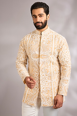 Pearl-Colored Silk Kurta by SHASHA GABA MEN