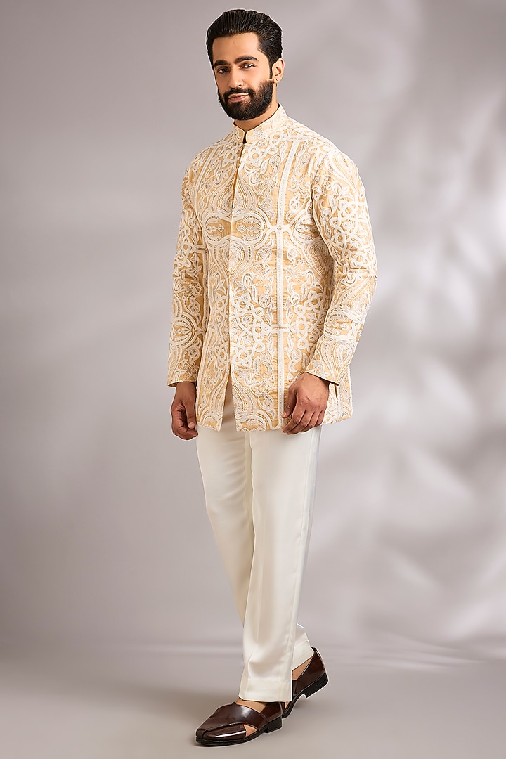 Pearl-Colored Silk Kurta by SHASHA GABA MEN at Pernia's Pop Up Shop