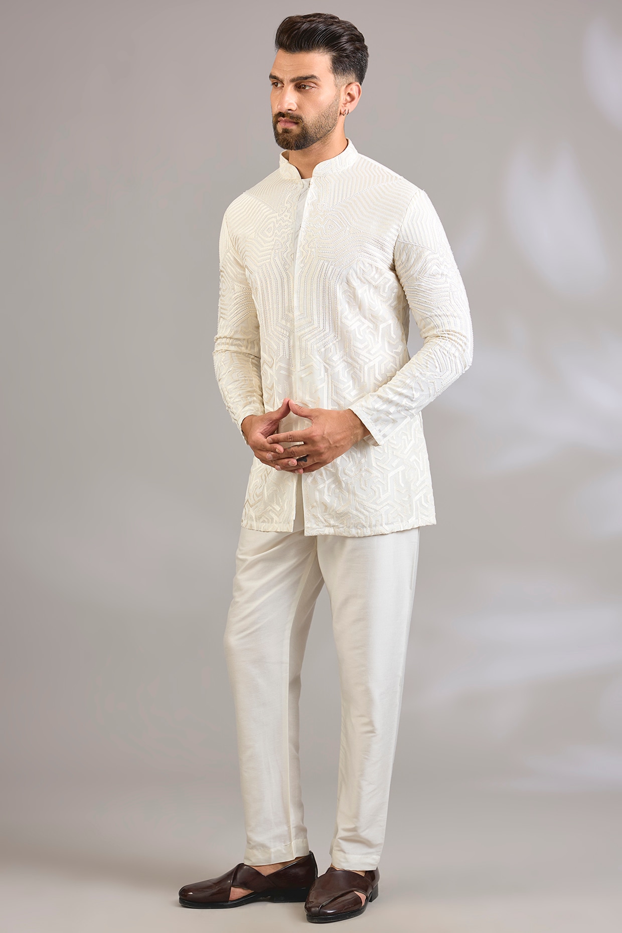 SHASHA GABA Ivory Silk Floral Embroidered Kurta