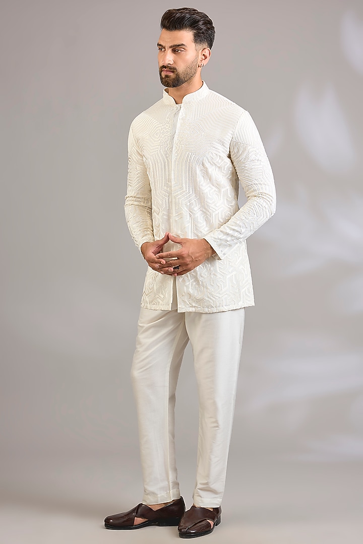 Ivory Silk Floral Embroidered Kurta by SHASHA GABA MEN at Pernia's Pop Up Shop