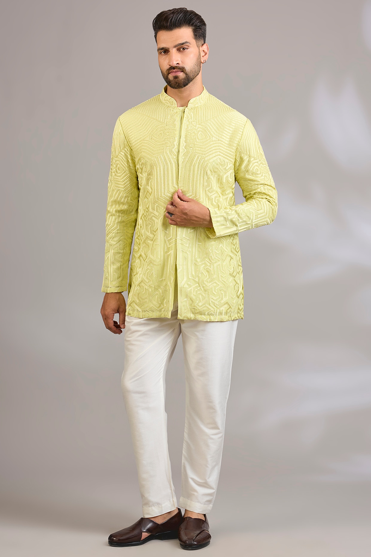 SHASHA GABA Yellow Silk Floral Embroidered Kurta