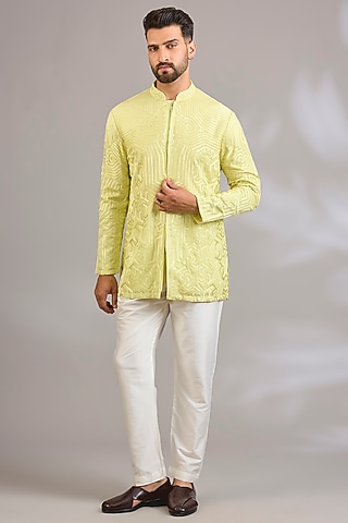 Yellow Silk Floral Embroidered Kurta by SHASHA GABA MEN