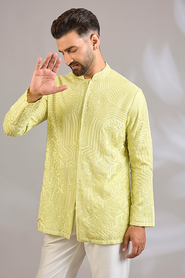 Yellow Silk Floral Embroidered Kurta by SHASHA GABA MEN at Pernia's Pop Up Shop