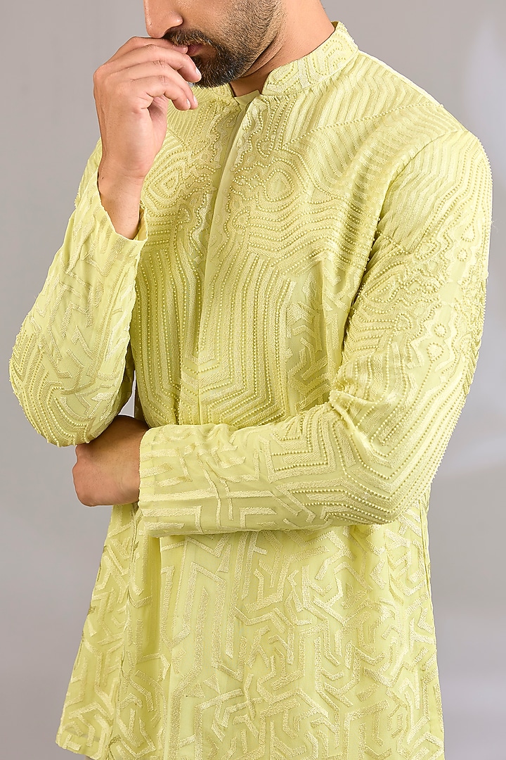 Yellow Silk Floral Embroidered Kurta by SHASHA GABA MEN at Pernia's Pop Up Shop