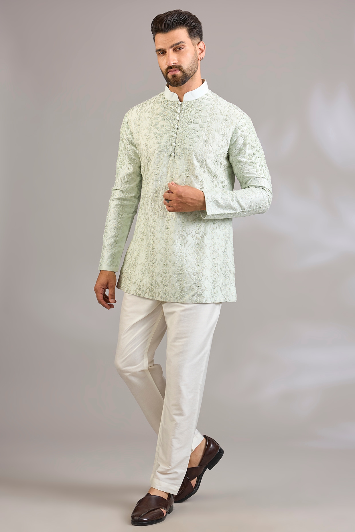 SHASHA GABA Mint Silk Floral Embroidered Kurta