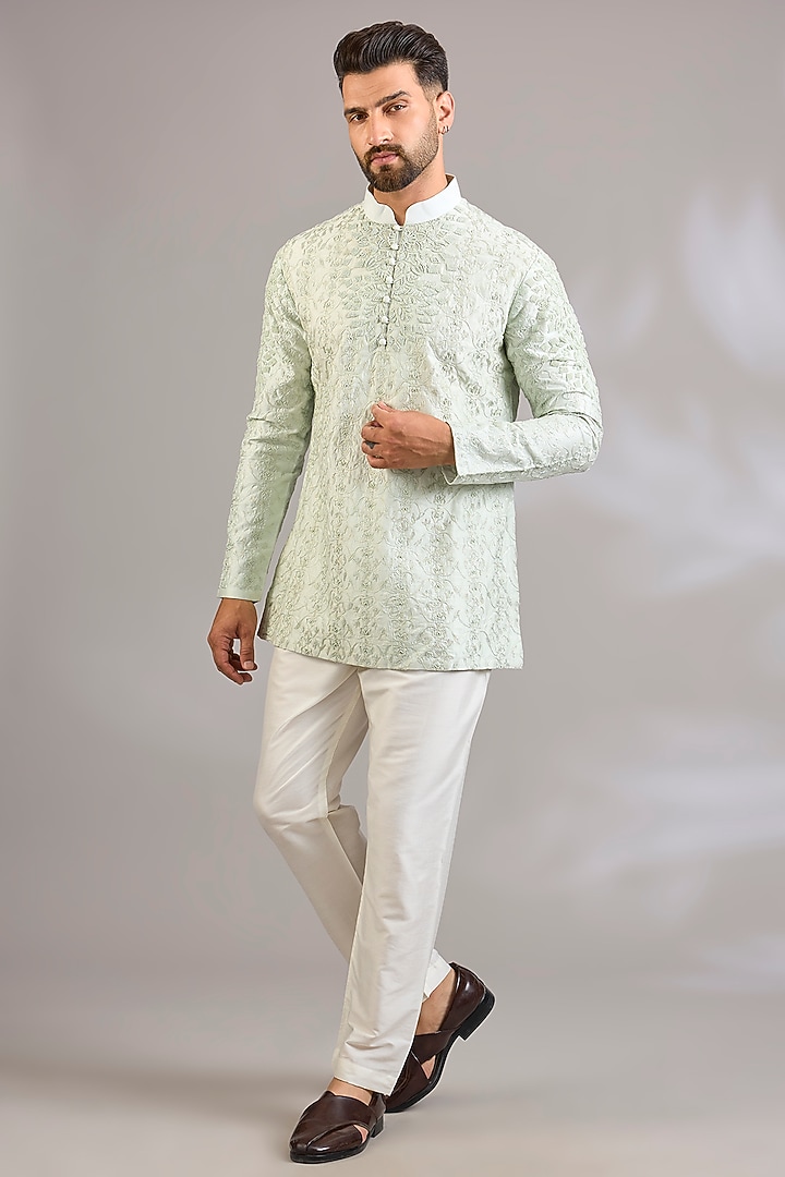 Mint Silk Floral Embroidered Kurta by SHASHA GABA MEN at Pernia's Pop Up Shop