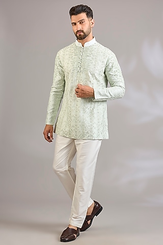 Mint Silk Floral Embroidered Kurta by SHASHA GABA MEN