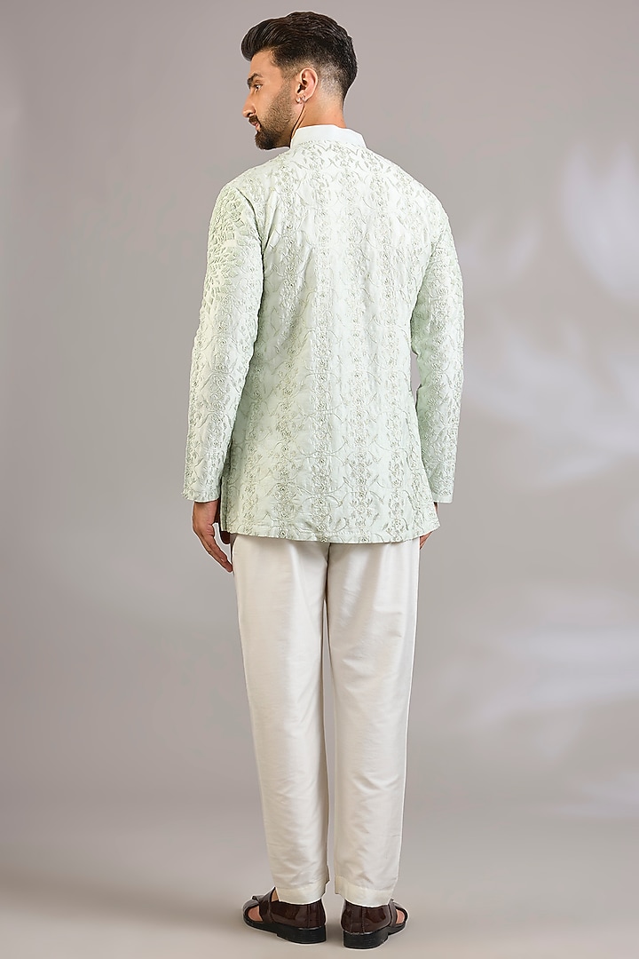 Mint Silk Floral Embroidered Kurta by SHASHA GABA MEN at Pernia's Pop Up Shop