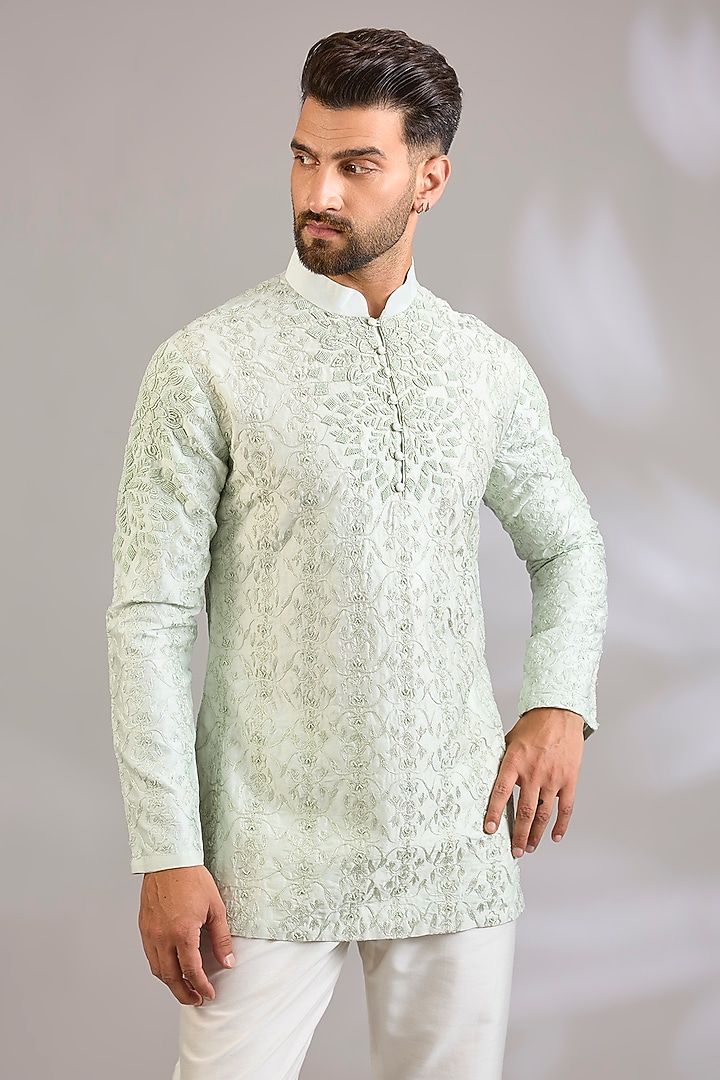 Mint Silk Floral Embroidered Kurta by SHASHA GABA MEN at Pernia's Pop Up Shop