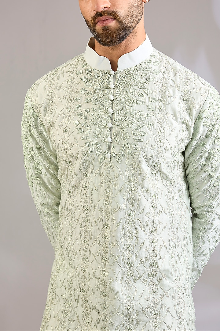 Mint Silk Floral Embroidered Kurta by SHASHA GABA MEN at Pernia's Pop Up Shop