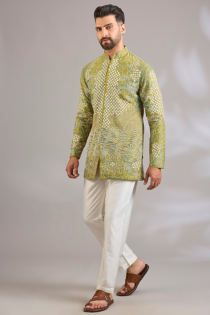 Yellow Georgette Floral Embroidered Kurta by SHASHA GABA MEN at Pernia's Pop Up Shop