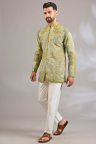 Yellow Georgette Floral Embroidered Kurta by SHASHA GABA MEN