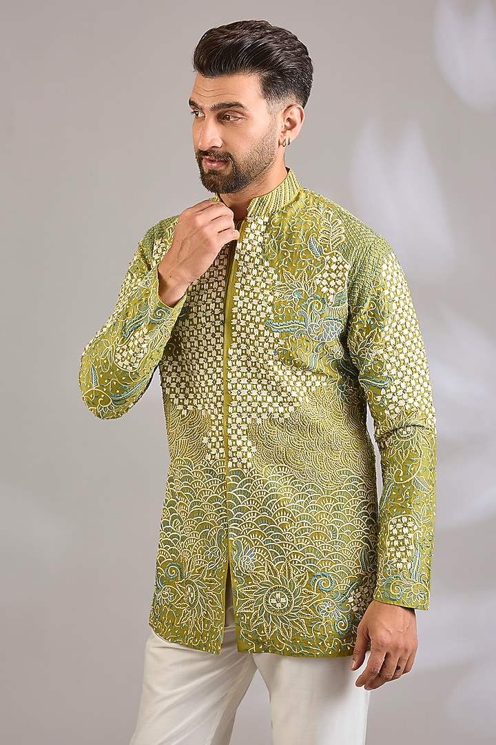 Yellow Georgette Floral Embroidered Kurta by SHASHA GABA MEN at Pernia's Pop Up Shop