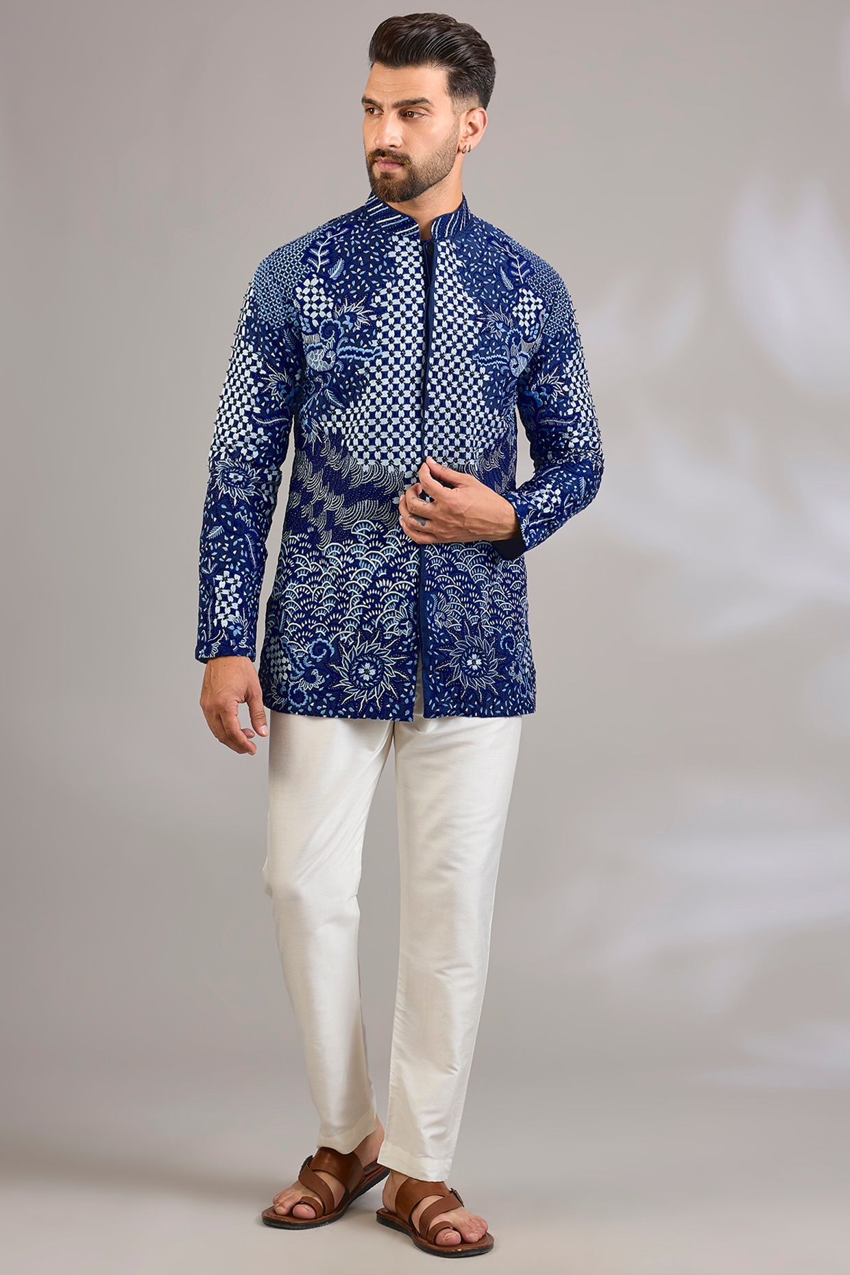 SHASHA GABA Navy Georgette Floral Embroidered Kurta