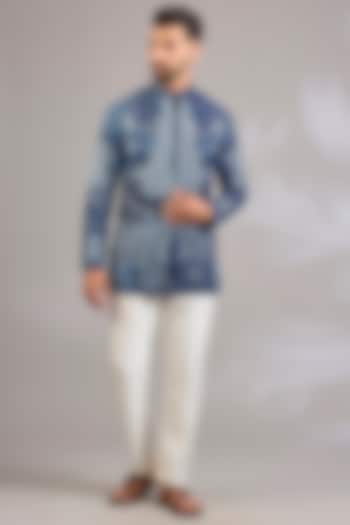 Navy Georgette Floral Embroidered Kurta by SHASHA GABA MEN at Pernia's Pop Up Shop