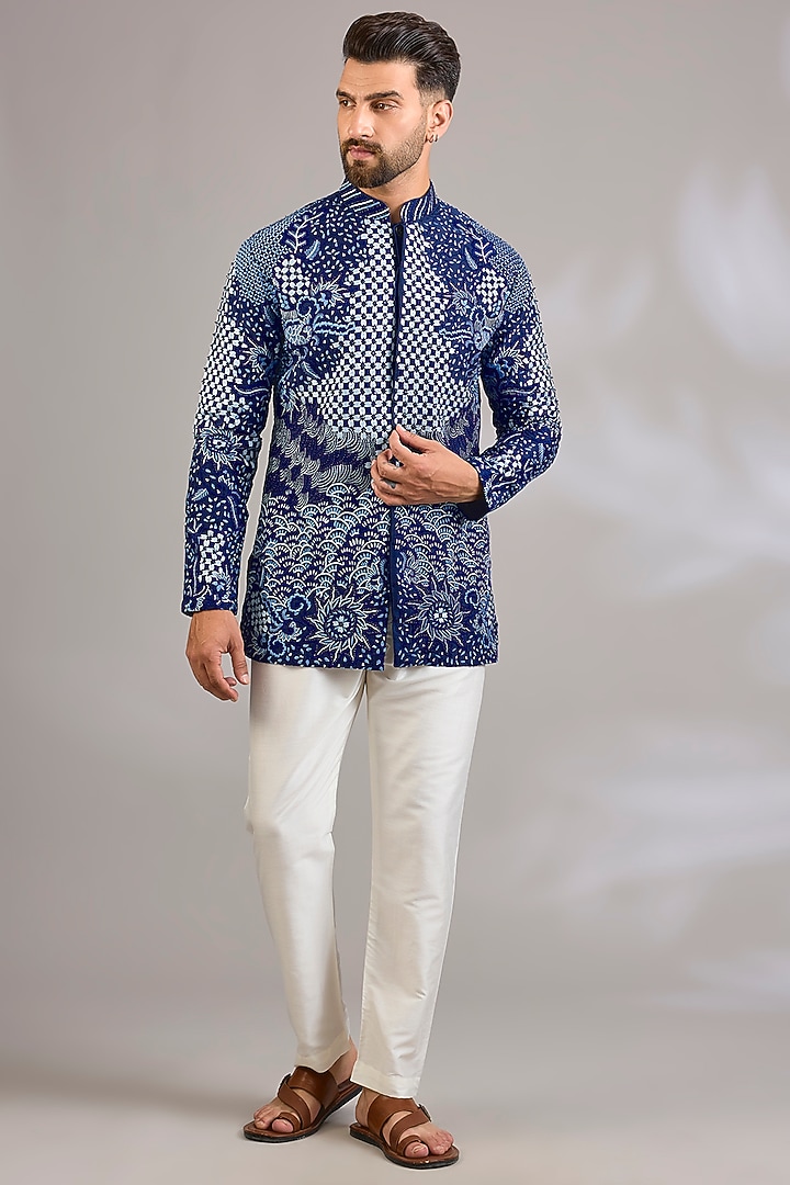 Navy Georgette Floral Embroidered Kurta by SHASHA GABA MEN at Pernia's Pop Up Shop