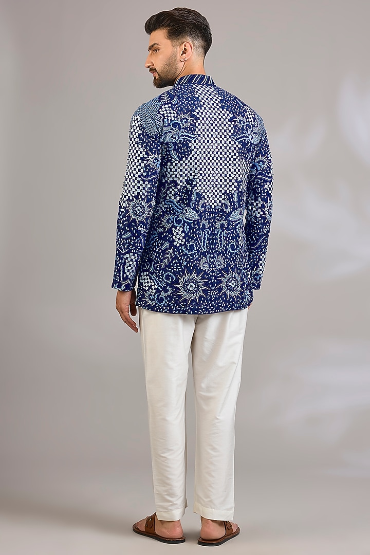 Navy Georgette Floral Embroidered Kurta by SHASHA GABA MEN at Pernia's Pop Up Shop