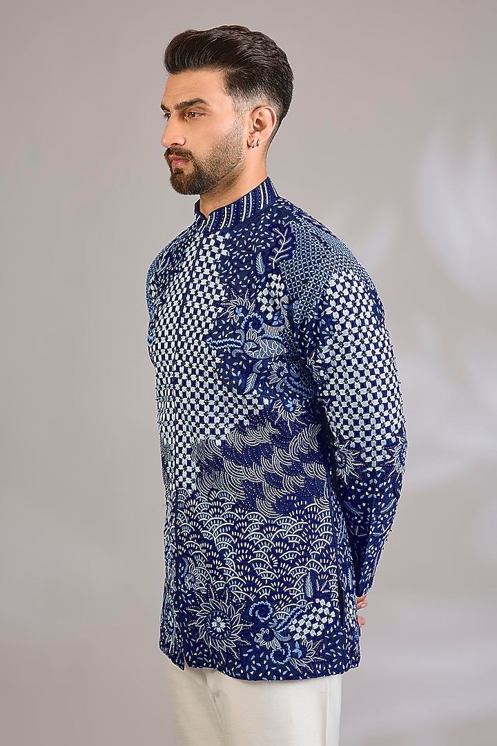 Navy Georgette Floral Embroidered Kurta by SHASHA GABA MEN at Pernia's Pop Up Shop